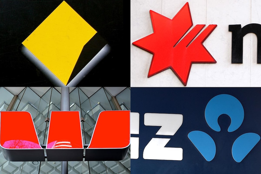 A four-part picture showing the yellow Commbank, red NAB and Westpac, and blue ANZ logos