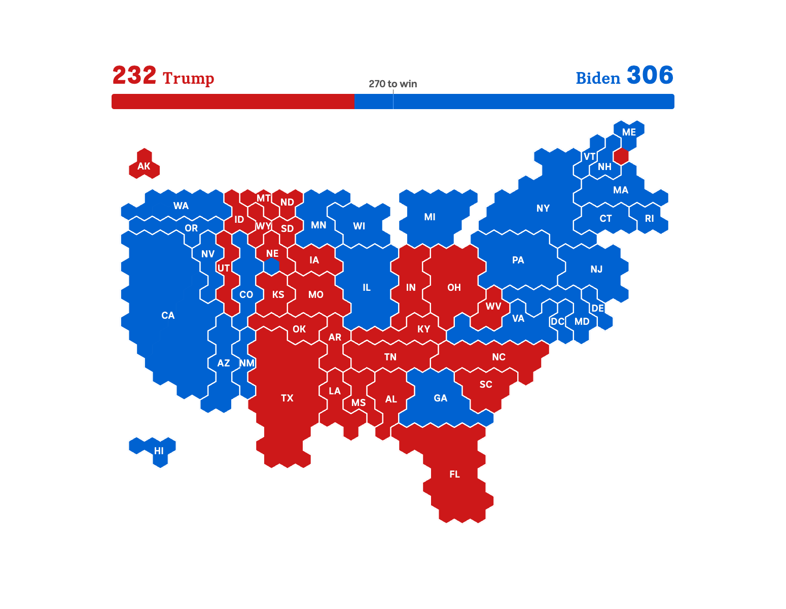 A US election map shows Donald Trump's loss in 2020