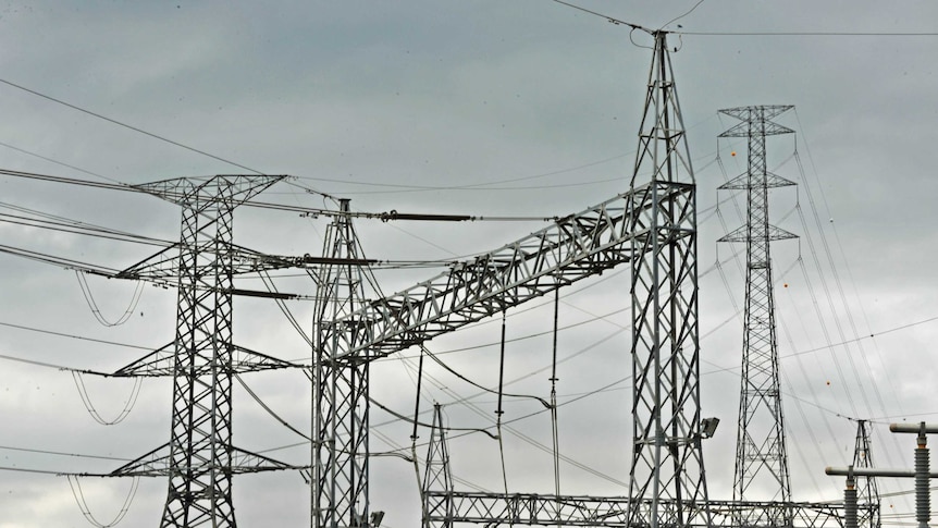 Close up of power pylons and wires.