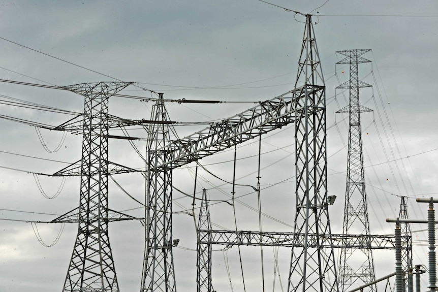 Close up of power pylons and wires.