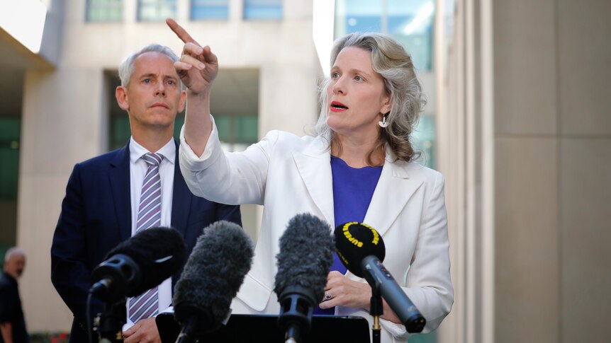 Clare O'Neil points into the distance at a press conference at parliament house. Andrew Giles is standing behind her