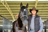 A man in a brown hat and black vest stands beside a black horse.