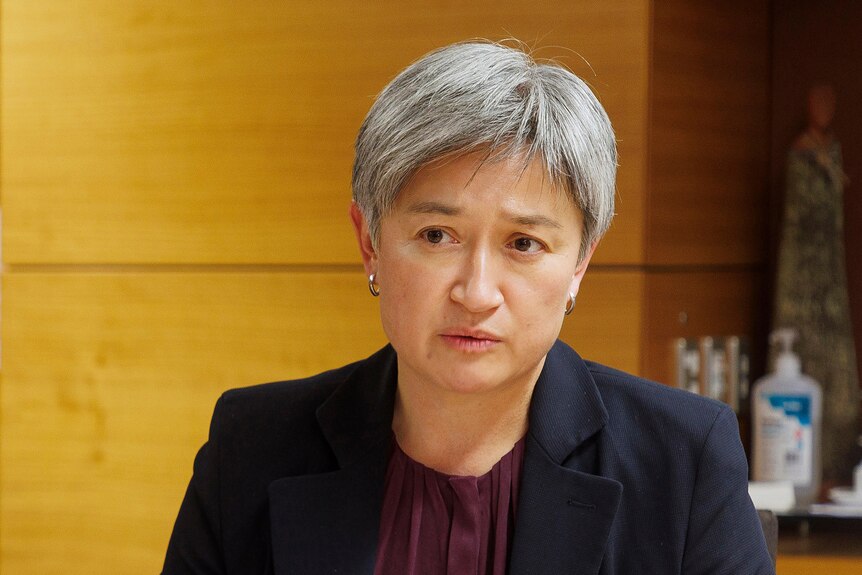 Penny Wong with short silver hair looking concerned. 