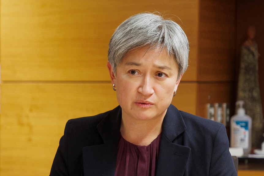 Penny Wong with short silver hair looking concerned. 