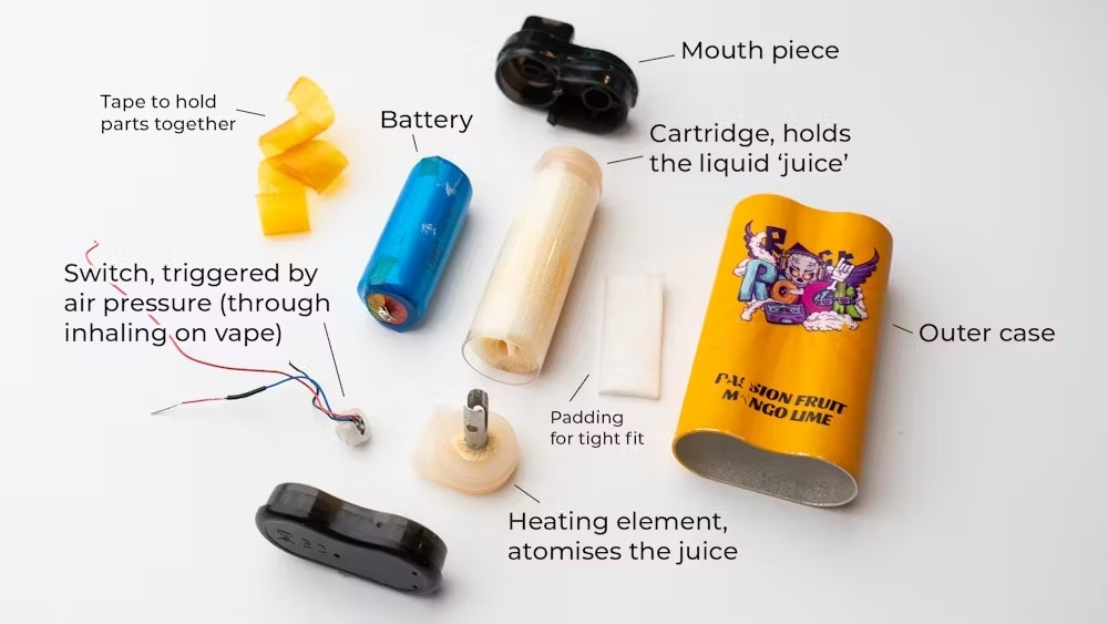 A photo with text labels of the various components of a vape
