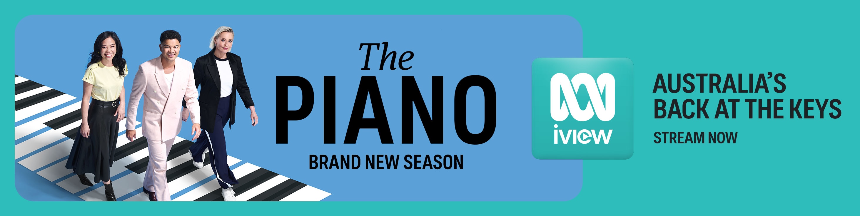Andrea Lam, Guy Sebastian and Amanda Keller are shown walking on piano keys. Stream The Piano on ABC iview.