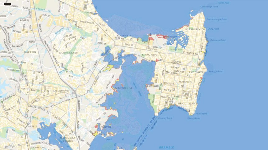 A map showing the Redcliffe and Brighton regions with some land underwater.