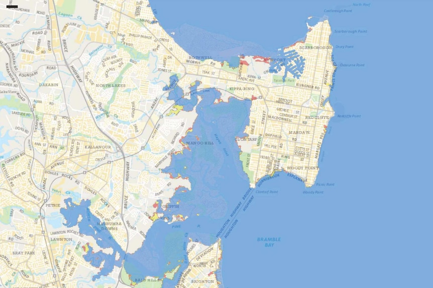 Redcliffe and surrounds showing various tsunami inundation levels at high tide.