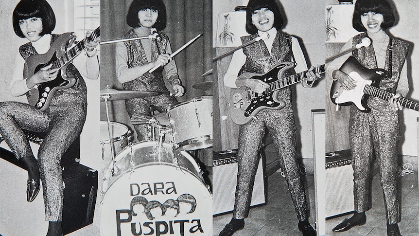 Black and white photo of four different band members who are young Indonesian women holding guitars and a drum