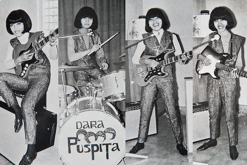 Black and white photo of four different band members who are young Indonesian women holding guitars and a drum