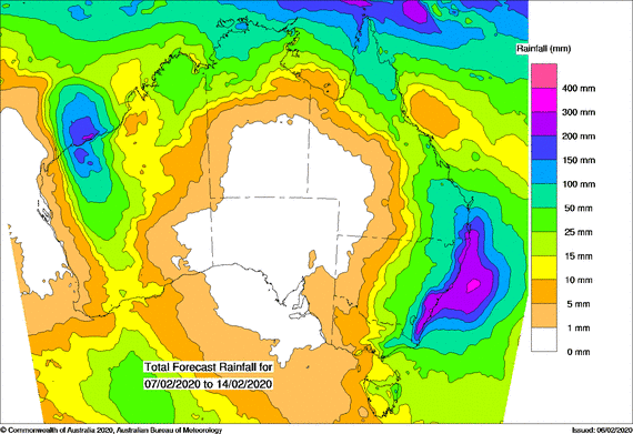rainfall map of Australia indicating falls of over 200mm are forecast for the east coast over the next 8 days