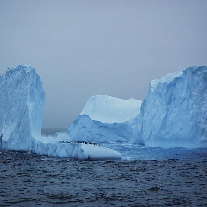 Adelie penguins resting on an iceberg in Antarctica.