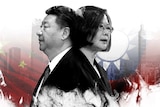 A graphic of Xi Jinping and Taiwan President Tsai Ing-wen with their respective national flags in the background.