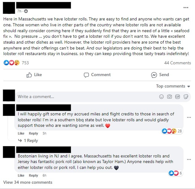 A Facebook post with names and profile pictures blacked out. It is about accessibility of "lobster rolls" in different states