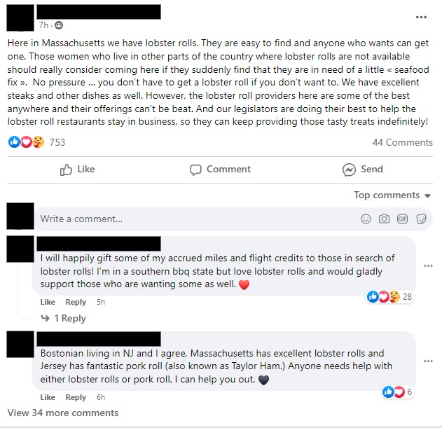 A Facebook post with names and profile pictures blacked out. It is about accessibility of "lobster rolls" in different states