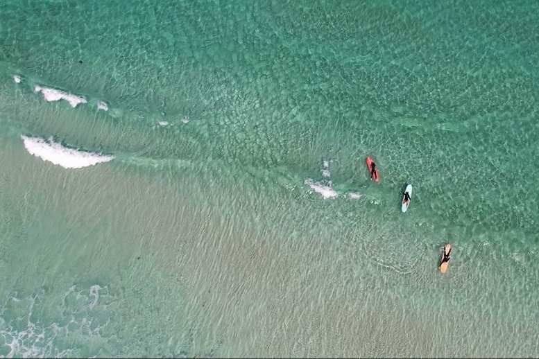 Drone aerial photo of clear aqua water, small white cap wave and three surfers in black wetsuits on boards