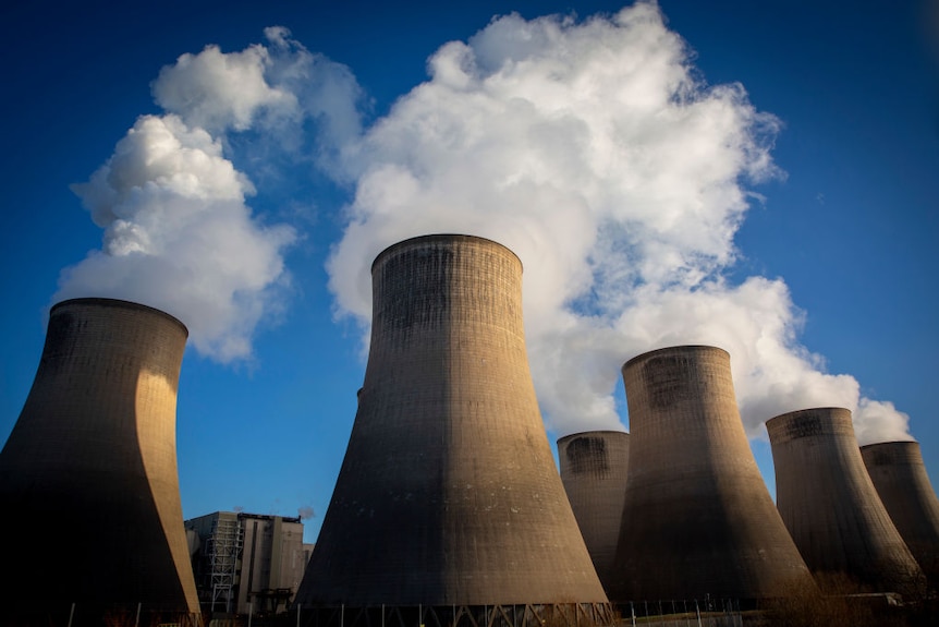 White smoke billows from the top of a row of giant chimneys at a coal-fired power station.