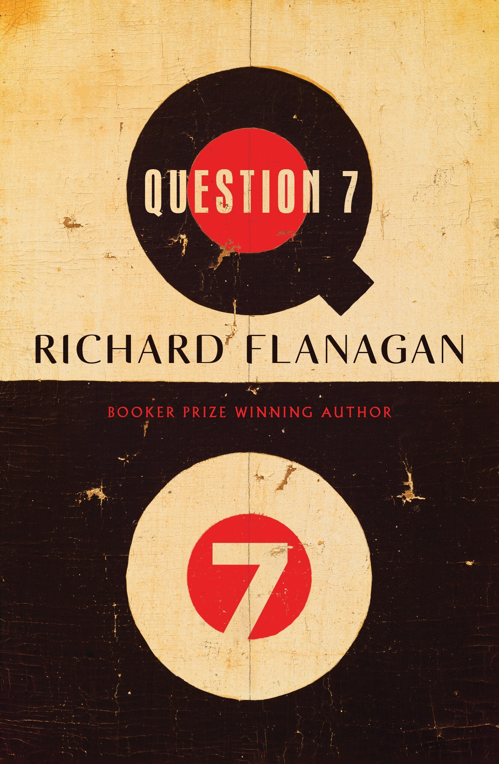 A book cover: the top half features a black Q against a tan background; the lower half, a tan 7 in a circle on black