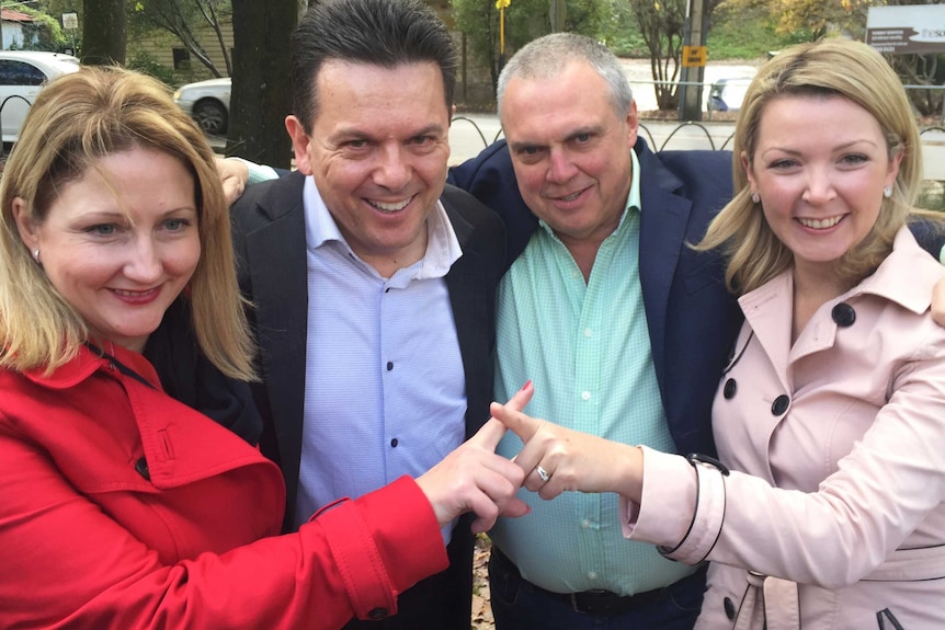 Rebekha Sharkie Nick Xenophon Stirling Griff and Skye Kakoschke-Moore smile for the camera