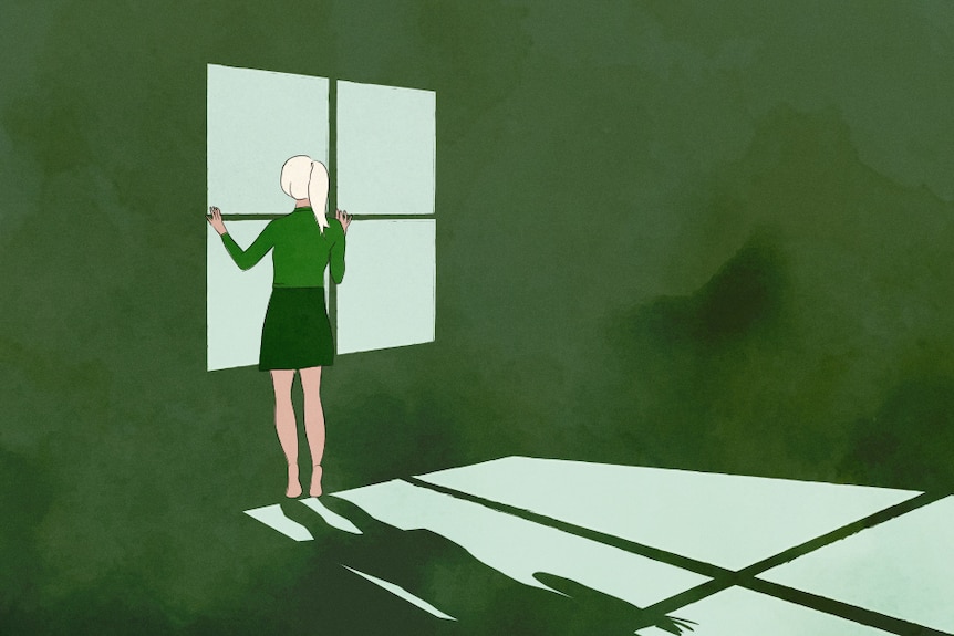 An illustration of a girl standing in a green room, looking out a window.