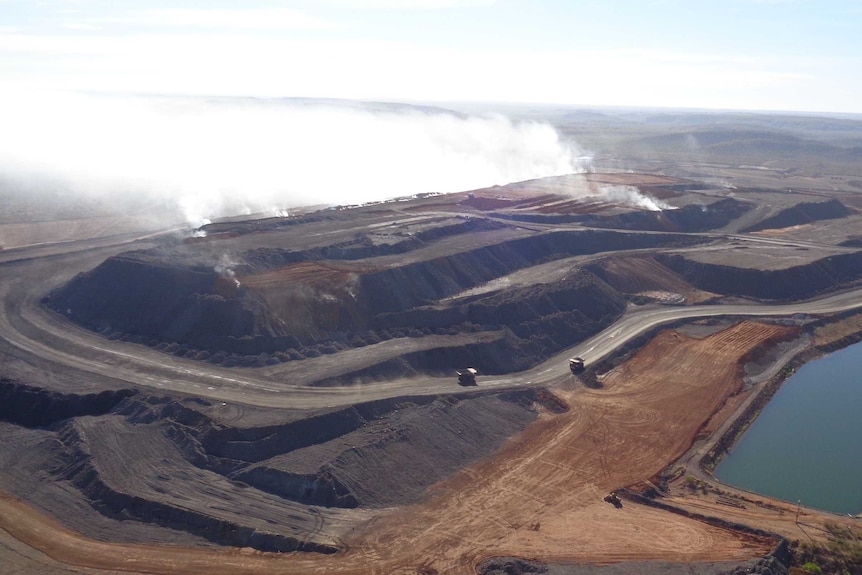 Large smoke plumes can be seen rising from McArthur River Mine's waste rock pile near Borroloola in the Northern Territory.