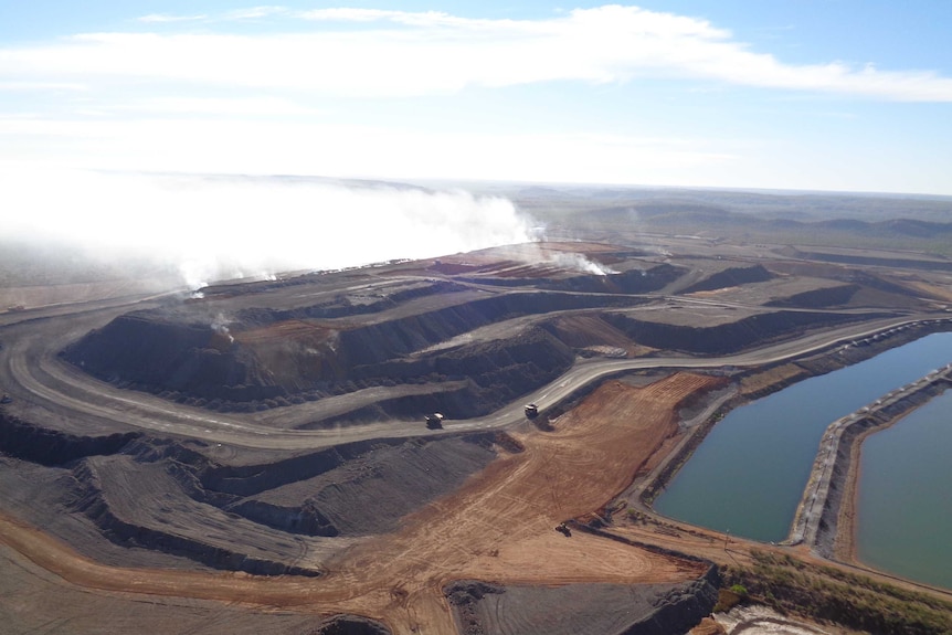 Large smoke plumes can be seen rising from McArthur River Mine's waste rock pile near Borroloola in the Northern Territory.