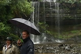 Tasmanian Premier David Bartlett and Michelle O'Byrne in front of Russell Falls.