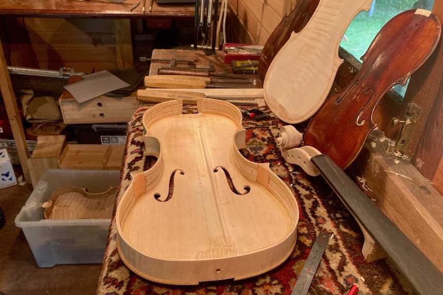 The inside of the body of a violin laying on a workbench.