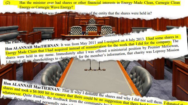 Tearsheets of excerpts from hansard over the top of a photo of WA Parliament.
