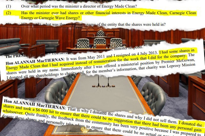 Tearsheets of excerpts from hansard over the top of a photo of WA Parliament.