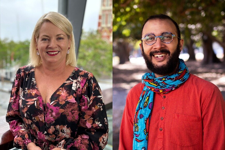 A woman with blonde hair and fair skin on a veranda, and a man with light brown skin, black hair and bright clothes in a park 