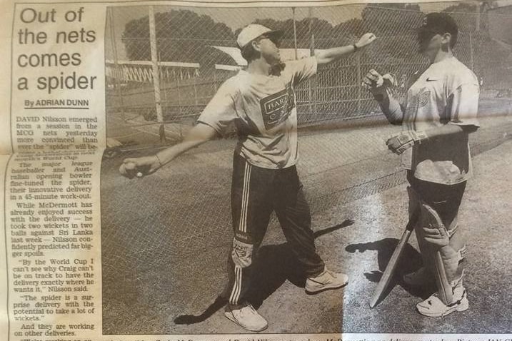 An old newspaper article shows two men bowling in the cricket nets, and cartoon instructions on how to bowl a 'spider'