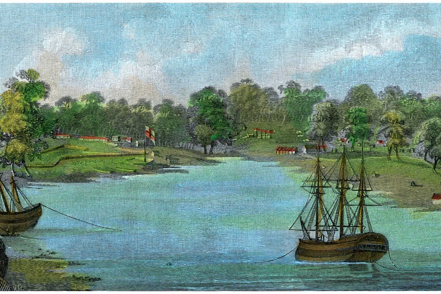 A colourful sketch of a serene Sydney cove