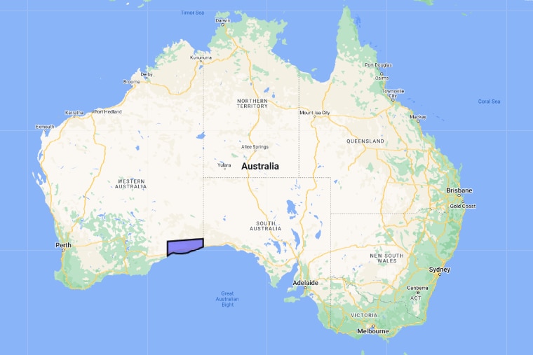 A map of Australia, with a small area of WA, on the Great Australian Bite near the border with SA, highlighted in purple