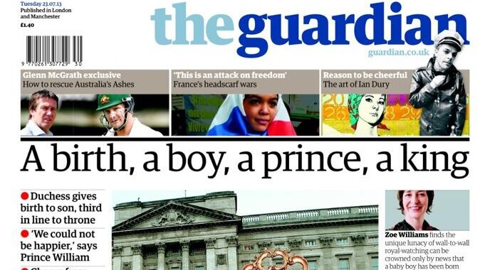 Front page of The Guardian in the UK announcing the birth of a son to Prince William and Catherine.