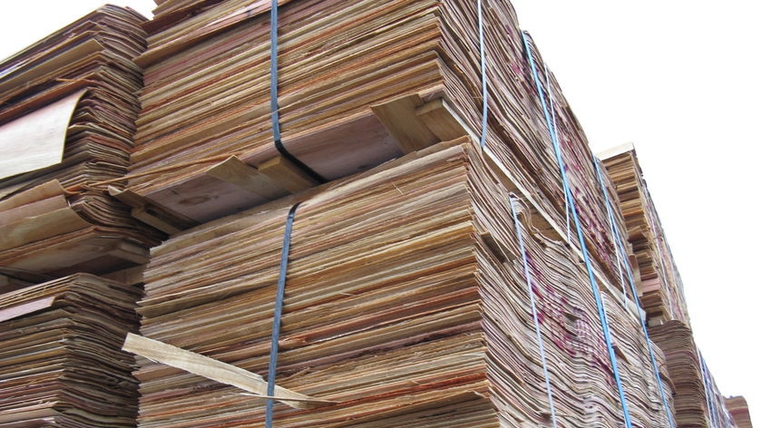 Truck loaded with timber veneer sheets at Burnie port