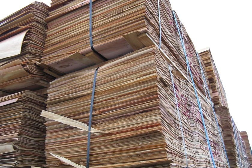 Truck loaded with timber veneer sheets at Burnie port