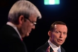 Tony Abbott looks at Kevin Rudd during the leaders debate.