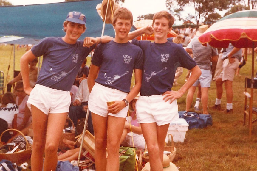 A lanky Tim Nicholls (centre) with school friends at rowing, date unknown.