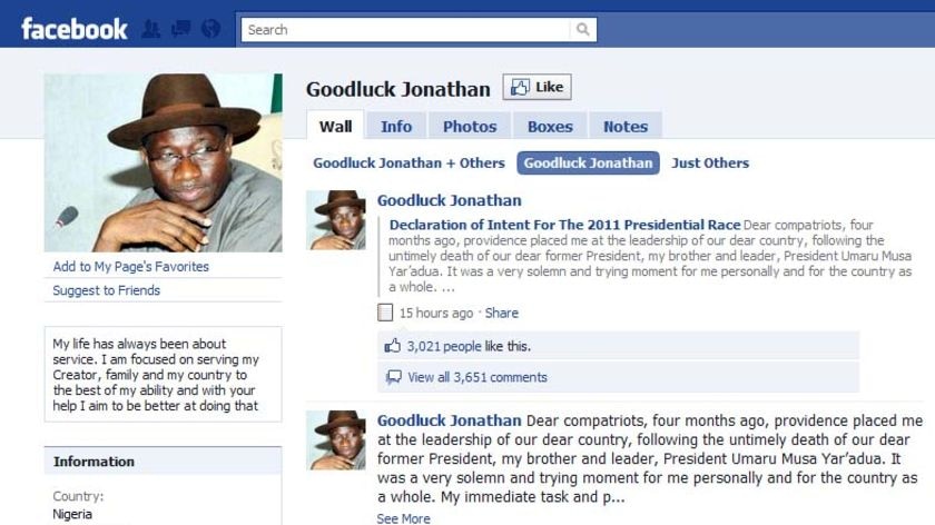 The Facebook page of Nigeria's president, Goodluck Jonathan