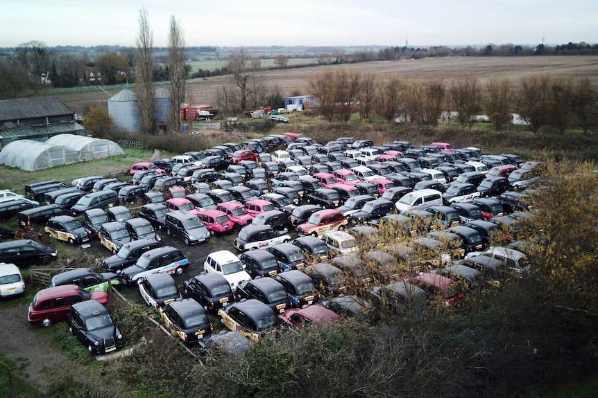 A drone shot of rows and rows of unused black cabs parked up in a field.