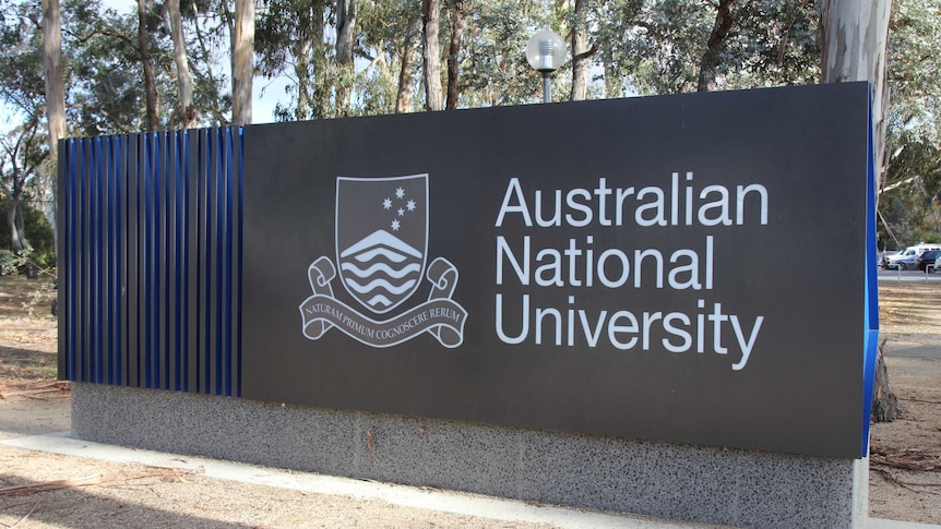 Sign for the Australian National University (ANU) in Canberra.