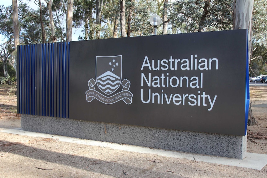 Sign for the Australian National University (ANU) in Canberra.