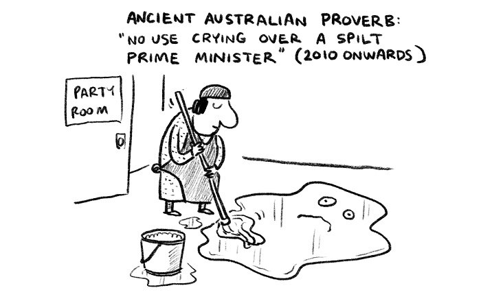 A satirical cartoon showing a cleaner mopping up a spilt prime minister.