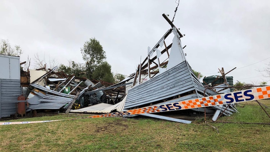 Damaged building with SES tape around the area at Tansey, west of Gympie.