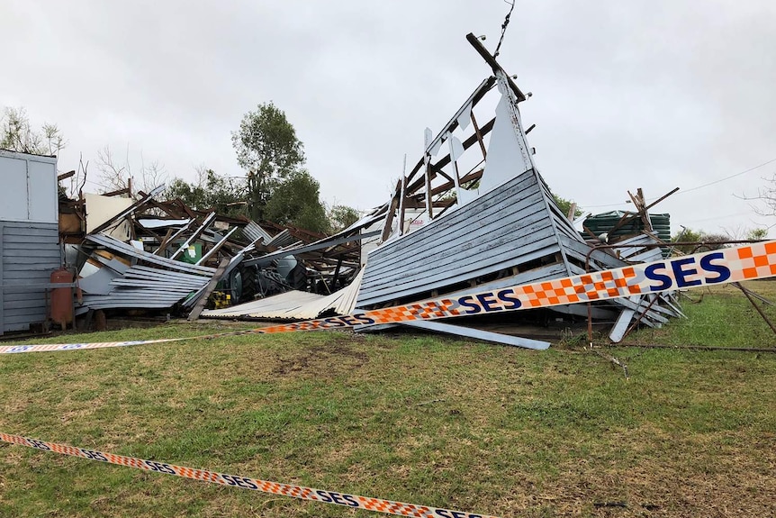Damaged building with SES tape around the area at Tansey, west of Gympie.