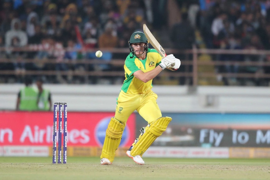 Marnus Labuschagne watches the ball as it bounces away from him