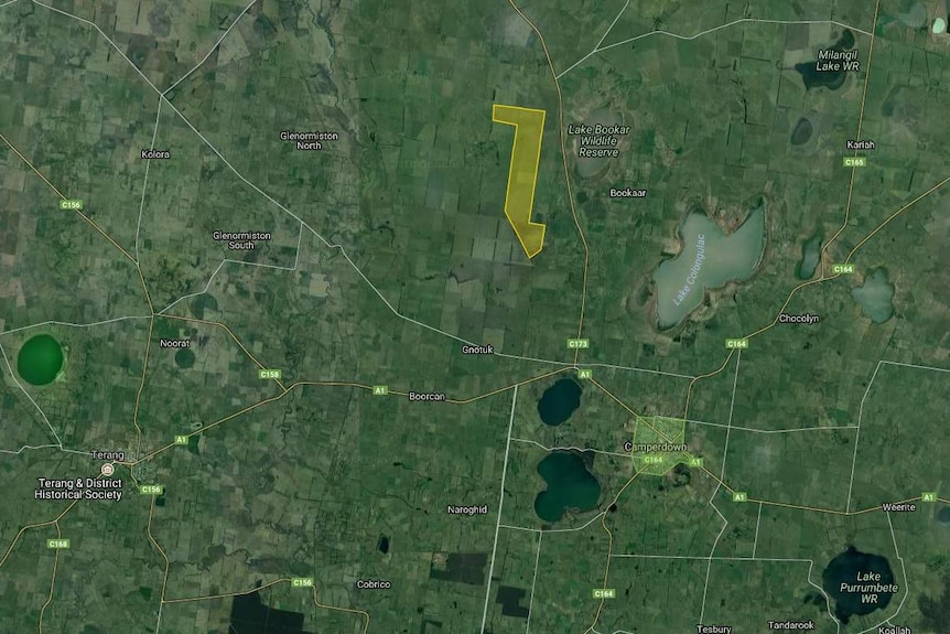An image from a Google map showing the site for a solar farm near Camperdown.