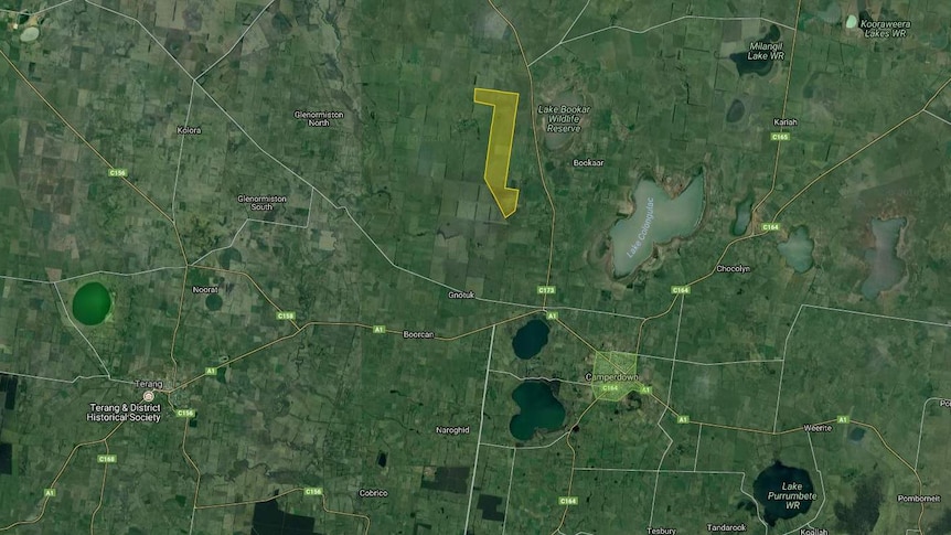 An image from a Google map showing the site for a solar farm near Camperdown.