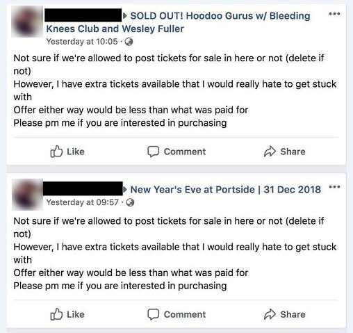 Facebook posts by a ticket seller saying they have extra tickets to two separate sold-out concerts
